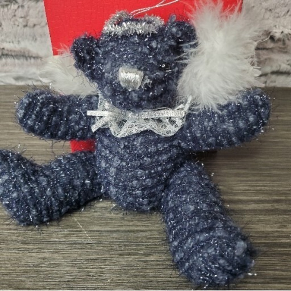 MTY International BLUE Silver‎ "TINSEL" Teddy Bear Plush Angel Wings Halo Xmas